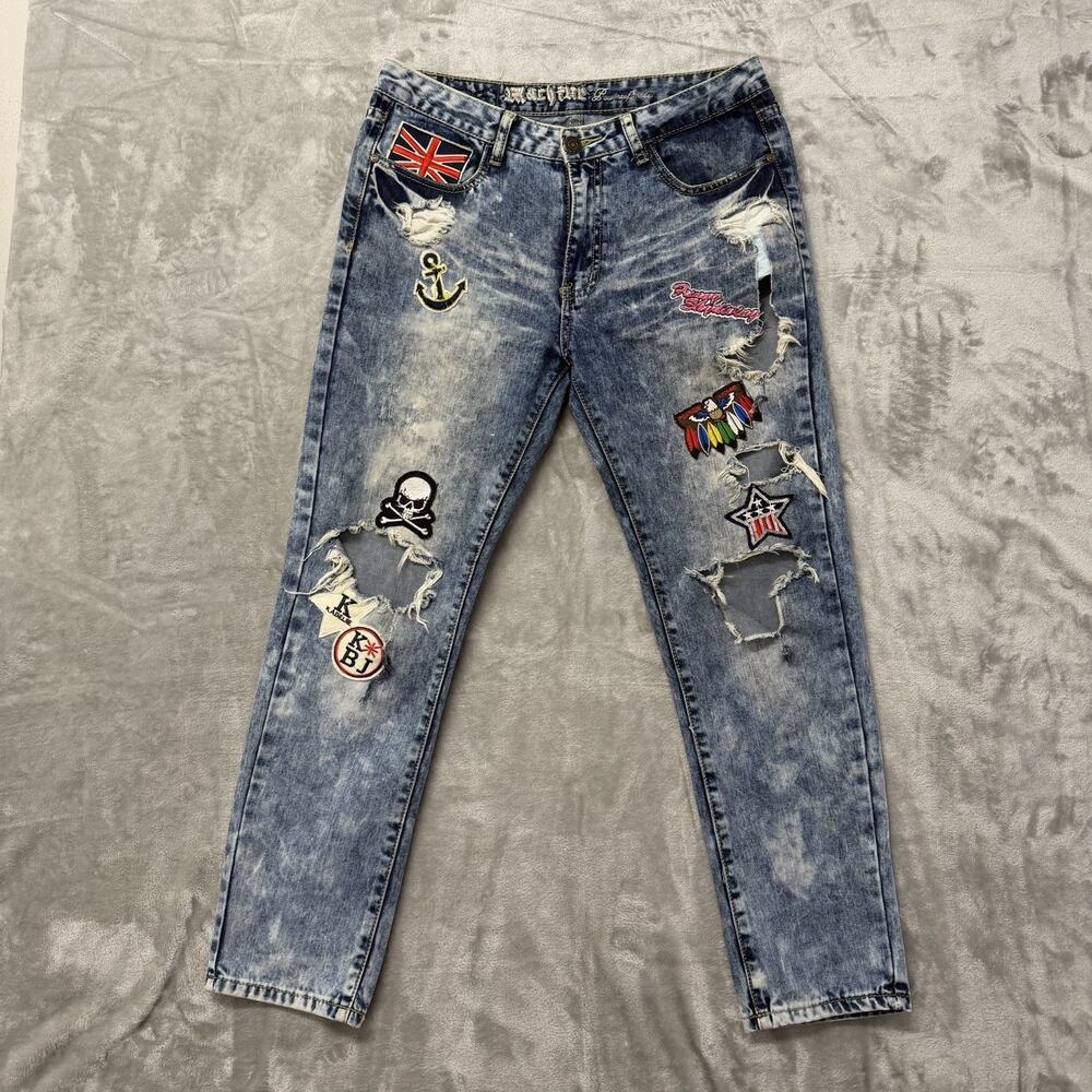 Machine Jeans Women Size 9 Acid Wash Distressed Patches British Flag Y2K Style